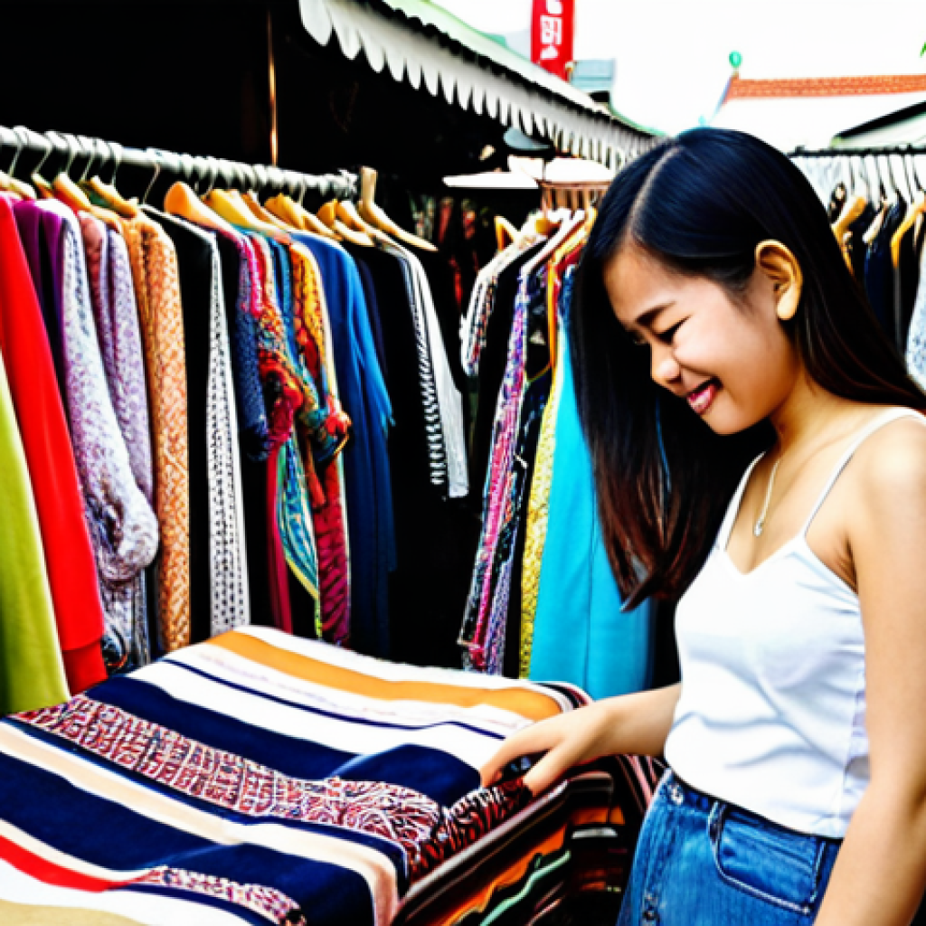 **Image Prompt:** A young Thai woman happily browsing through a curated selection of second-hand clothing at a vibrant outdoor market in Bangkok, with colorful fabrics and trendy items on display. Focus on the atmosphere of sustainable style and affordability.