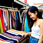 **Image Prompt:** A young Thai woman happily browsing through a curated selection of second-hand clothing at a vibrant outdoor market in Bangkok, with colorful fabrics and trendy items on display. Focus on the atmosphere of sustainable style and affordability.