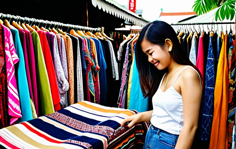 **Image Prompt:** A young Thai woman happily browsing through a curated selection of second-hand clothing at a vibrant outdoor market in Bangkok, with colorful fabrics and trendy items on display. Focus on the atmosphere of sustainable style and affordability.