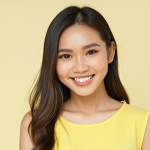 **Prompt:** A smiling Thai woman with bright, clear skin, wearing a pastel yellow top, standing in front of a light-colored background. Focus on the way the yellow color complements her skin tone, emphasizing a Spring personal color palette.
