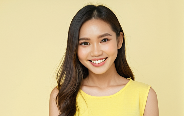 **Prompt:** A smiling Thai woman with bright, clear skin, wearing a pastel yellow top, standing in front of a light-colored background. Focus on the way the yellow color complements her skin tone, emphasizing a Spring personal color palette.