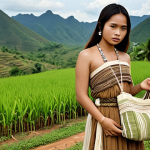 **Image of Northern Thai Fashion:** A young Thai woman in a field, wearing a flowing cotton dress in earthy tones (browns, greens, creams). The dress has subtle tribal patterns woven into the fabric. She's carrying a simple woven bag and wearing silver jewelry. The background shows rolling hills and a traditional Thai village.