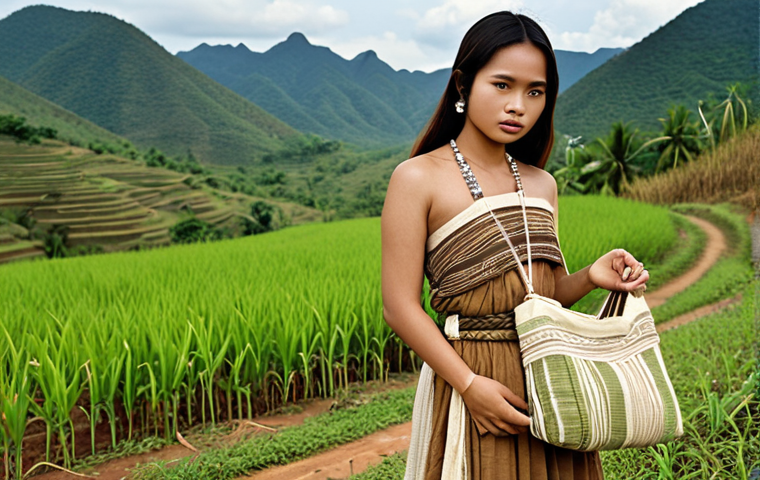 **Image of Northern Thai Fashion:** A young Thai woman in a field, wearing a flowing cotton dress in earthy tones (browns, greens, creams). The dress has subtle tribal patterns woven into the fabric. She's carrying a simple woven bag and wearing silver jewelry. The background shows rolling hills and a traditional Thai village.
