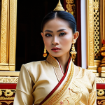 **

A woman elegantly dressed, perhaps in traditional Thai clothing subtly incorporating a modern fashion trend. The background should hint at a beautiful Thai temple or a culturally significant landmark.  The color palette should be vibrant but harmonious, reflecting Thai artistic sensibilities. Focus on conveying respect and cultural awareness through fashion.

**