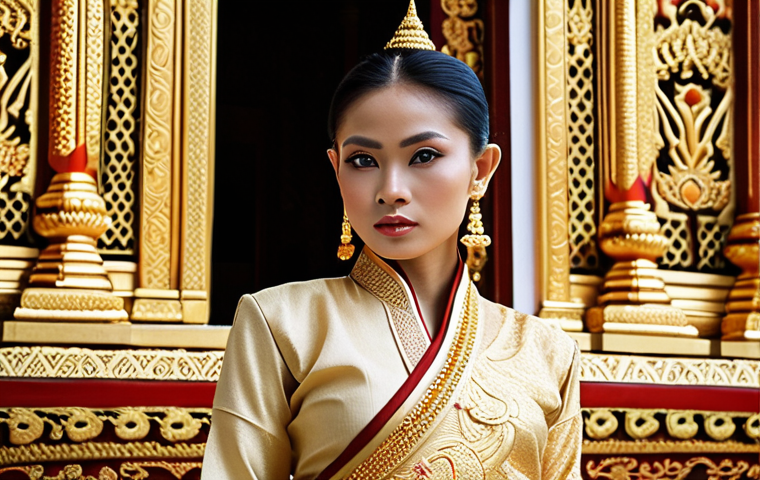 **
A woman elegantly dressed, perhaps in traditional Thai clothing subtly incorporating a modern fashion trend. The background should hint at a beautiful Thai temple or a culturally significant landmark. The color palette should be vibrant but harmonious, reflecting Thai artistic sensibilities. Focus on conveying respect and cultural awareness through fashion.
**