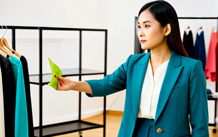 A professional Thai female fashion coordinator, in her late 20s, stands in a brightly lit, modern fashion studio with elegant, modest clothing racks in the background. She is fully clothed in a stylish yet professional blazer and tailored trousers. She gently holds a vibrant silk fabric swatch, looking attentively at a client (implied off-camera), demonstrating active listening and empathetic understanding during a collaborative style consultation. This scene captures a moment of genuine human connection and professional guidance. safe for work, appropriate content, fully clothed, modest clothing, perfect anatomy, correct proportions, natural pose, well-formed hands, proper finger count, natural body proportions, professional photography, high quality, family-friendly.